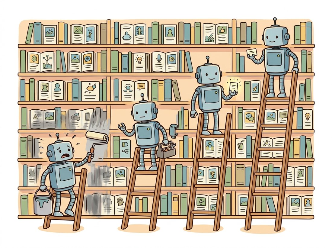 A robot on a four-rung ladder against a shelf of existing pictures: on the heaviest rung it repaints the whole shelf and smudges old images, while on lighter rungs it uses ever-smaller tools (a small adapter patch, a single glowing word-card) and the shelf stays intact, illustrating the fine-tuning ladder from full fine-tune to DreamBooth to LoRA to textual inversion and the freeze-more-forget-less principle.