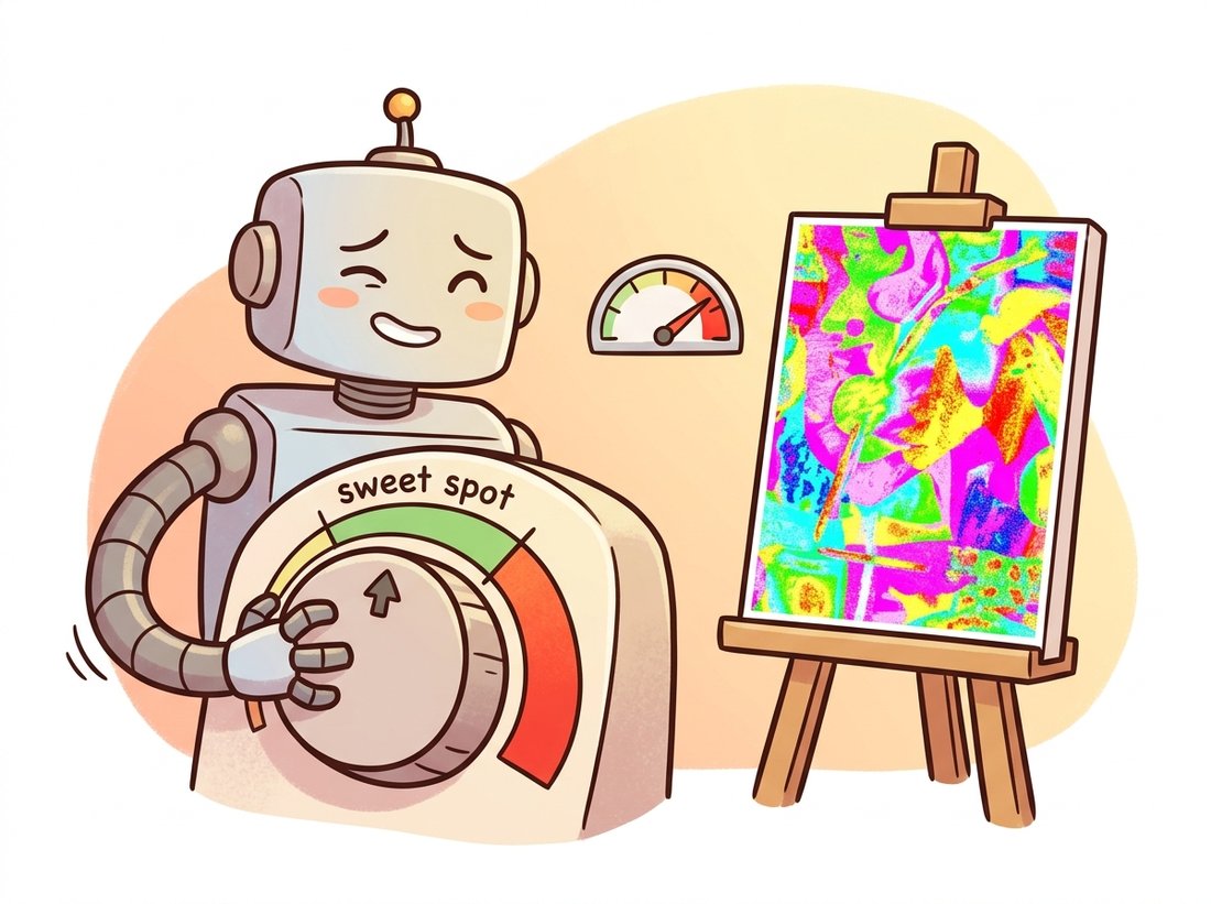 A robot cranks a guidance dial far past a green sweet-spot zone into the red, and its easel painting turns oversaturated, neon, and crunchy with artifacts, showing that pushing classifier-free guidance scale too high trades prompt adherence for oversaturation and contrast blowout.