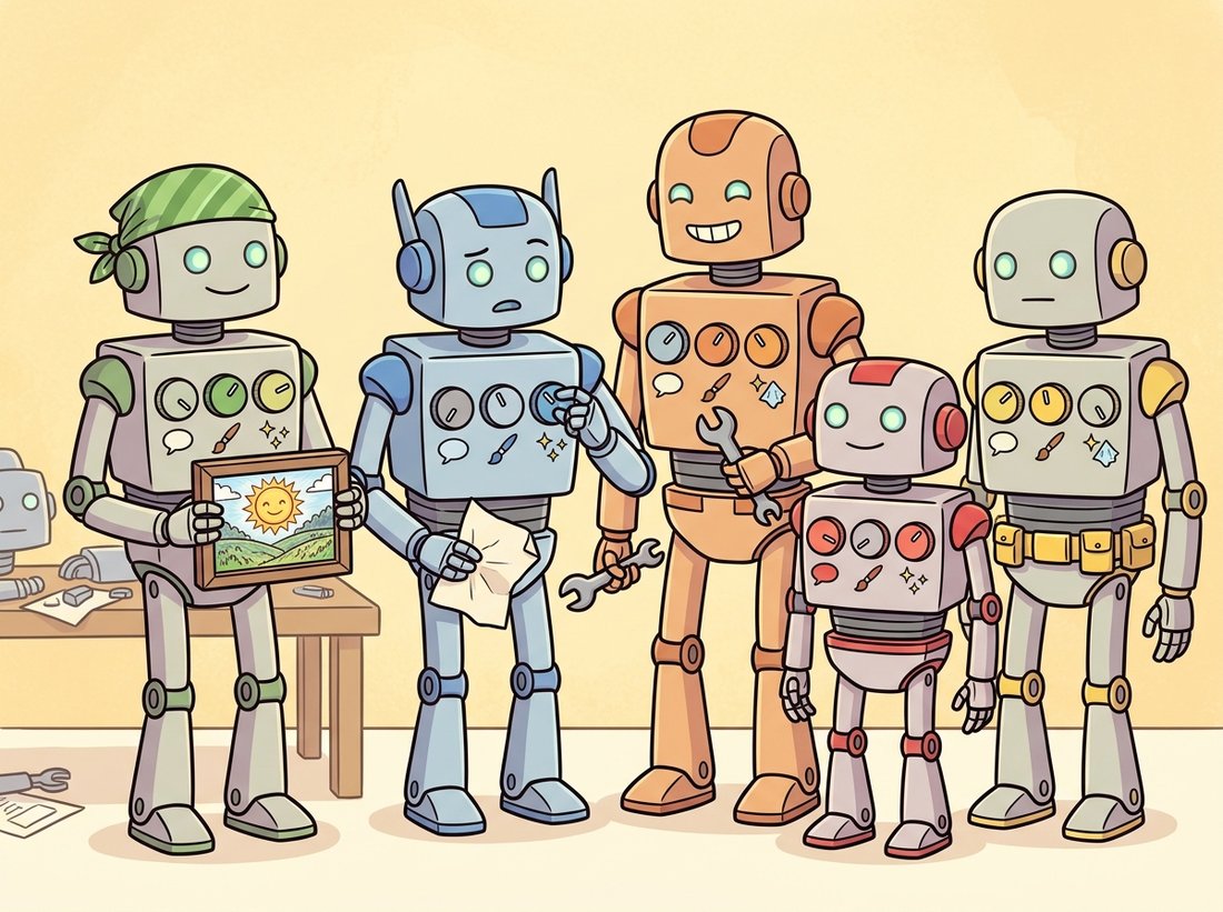 A family of identical sibling robots at a reunion, each turning three chest dials marked with a speech bubble, a paintbrush, and a polish sparkle to different settings, showing that every text-to-image system is the same three-station template with the encoder, generator, and data-and-finishing knobs turned differently.