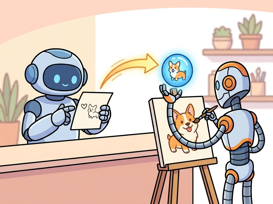 A note-reading robot hands a glowing vector orb to a painting robot, who turns it into a corgi on an easel, showing that a frozen text encoder translates the prompt while a separate generator does the actual drawing.