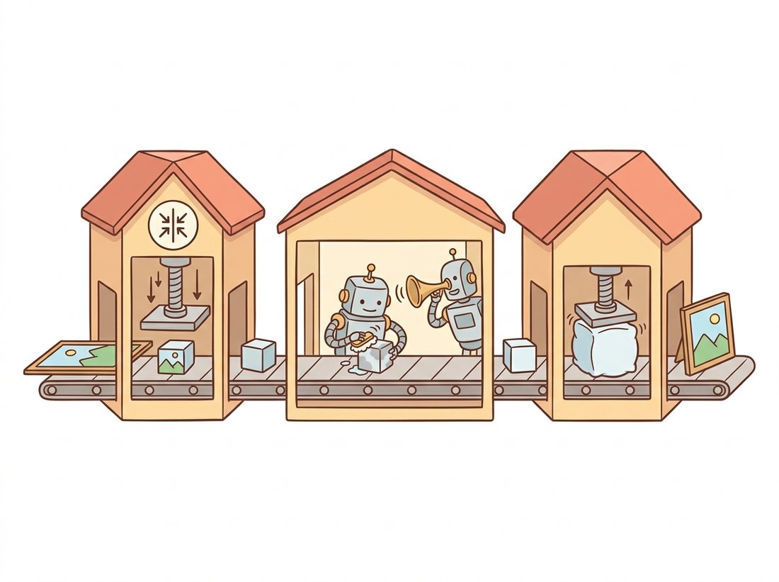 A three-station cartoon factory: a press shrinks an image into a small cube, a workshop robot repeatedly cleans the small cube while another robot whispers text into its ear, and a final press enlarges the finished cube back into a full picture, depicting the VAE encoder, the denoising U-Net with cross-attention, and the VAE decoder.