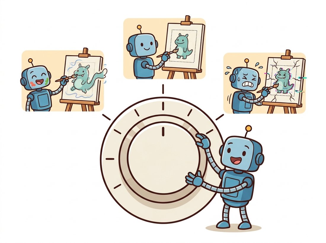 A central obedience dial turned by a robot, with three vignettes showing the tradeoff: low setting yields a loose free doodle ignoring the outline, middle setting traces the outline neatly, and high setting warps and cracks the image by forcing it rigidly onto the outline, illustrating that conditioning scale trades obedience against creative freedom rather than image quality.