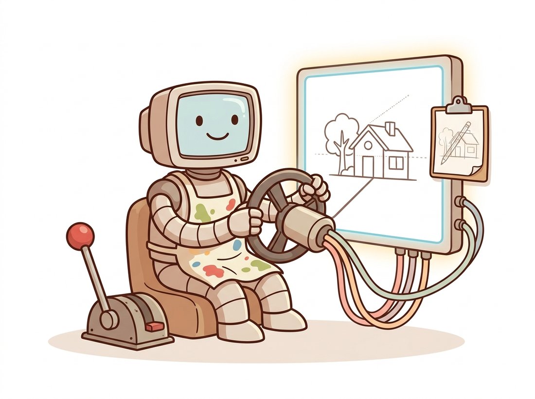 A cartoon artist robot grips a steering wheel wired into a painting canvas while a discarded slot-machine lever lies switched off on the floor, the painted house tracing faint guide lines, illustrating how controllable generation replaces the random text-to-image slot machine with a precise steering wheel over layout, identity, and edits.