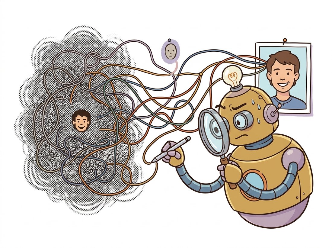 A detective robot with a magnifying glass traces colored string backward from a finished photo to a fuzzy cloud of static noise, with one path leading to a near-miss stranger's face and the correct path returning the same face, illustrating DDIM inversion recovering the specific noise that regenerates this exact image so edits stay faithful.