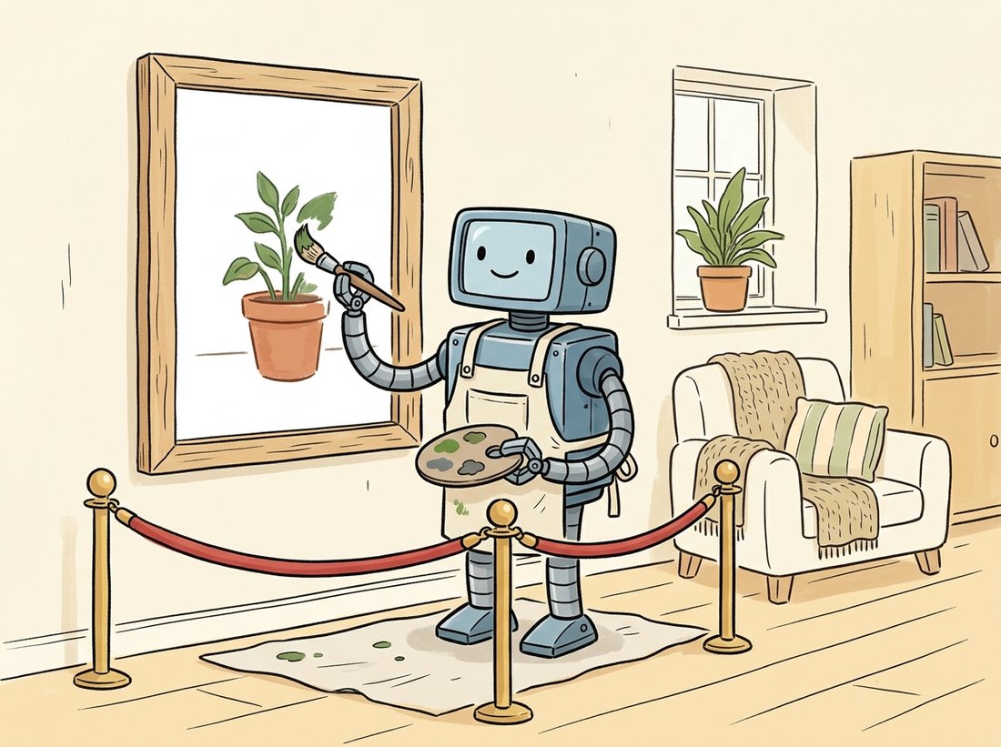 A polite painter robot paints a potted plant strictly inside a roped-off white rectangle on a room wall while the sofa, window, and floor outside the rope stay untouched, illustrating how an inpainting mask is a contract where white means repaint here and black means leave everything else exactly alone.