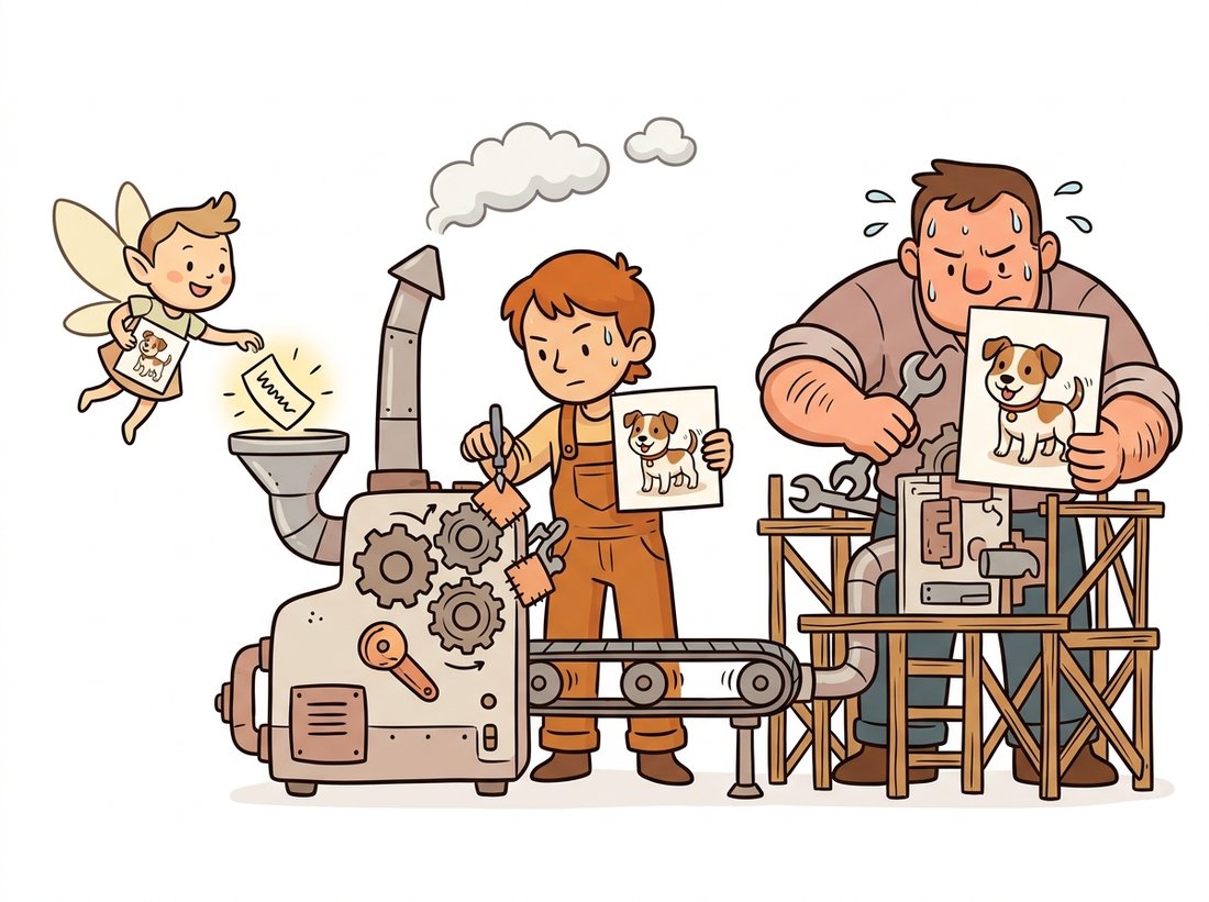 Three cartoon characters teach a generator the same pet dog with escalating effort: a tiny sprite drops one glowing word-card into the input slot, a medium helper clips small adapter patches onto the gears, and a large worker rebuilds the whole machine, mapping textual inversion, LoRA, and DreamBooth onto a spectrum from smallest change to largest.
