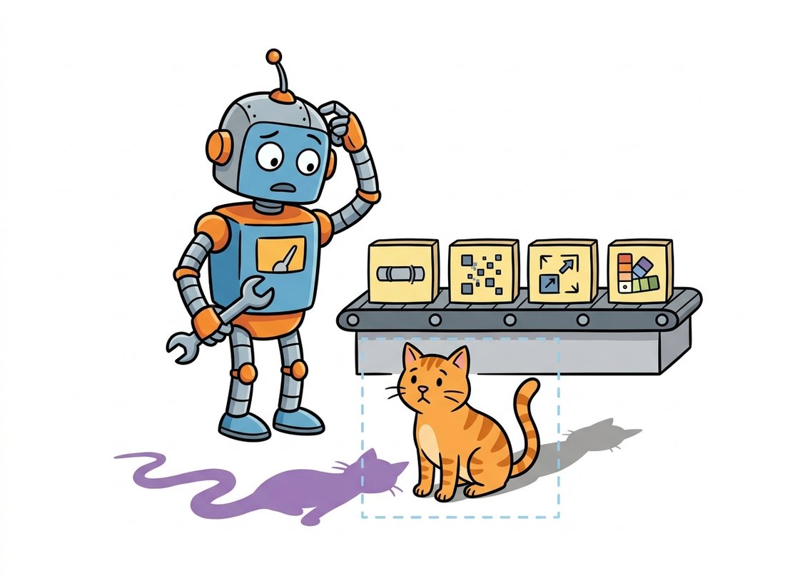 A baffled robot inspects an edited cat that casts two shadows, one normal gray and one impossible purple, plus a faint rectangle marking a pasted-in edit, with a conveyor belt of segment, inpaint, upscale, and color-match stages running out of order behind it, illustrating how chaining editing stages in the wrong order produces telltale lighting and seam failures.