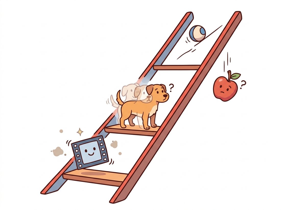 A three-rung ladder rising left to right where each rung is harder to climb. The bottom rung shows a single frame jittering with vibration lines (flicker), the middle rung shows a cartoon dog slowly morphing into a different dog across ghost outlines (identity drift), and the top rung shows a ball rolling uphill and an apple refusing to fall (motion incoherence). The increasing steepness maps the three temporal-consistency failures to growing time scale and growing difficulty.