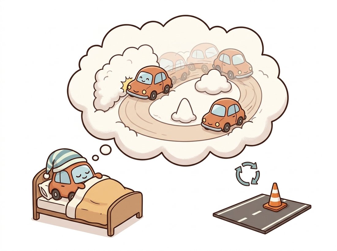A cartoon car-agent sleeps in a tiny bed under a large dream bubble, and inside the dream it practices driving over and over on a soft cloud course, harmlessly bumping cloud-walls with faint repeated ghost-trails. Outside the bubble a single real road with one cone waits, and a small loop arrow refreshes the dream from reality, depicting how a world model lets a policy train in cheap imagined rollouts and only occasionally act in the expensive real world.