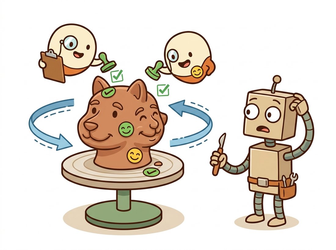 A floating cartoon art-critic with a monocle circles a turntable holding a clay animal head, leaving smiling approval stamps at every angle. Because it judged each view independently, the bewildered sculptor robot has built a face on both the front and the back of the head, illustrating the Janus problem where a viewpoint-agnostic 2D diffusion prior grows duplicate faces during score distillation.