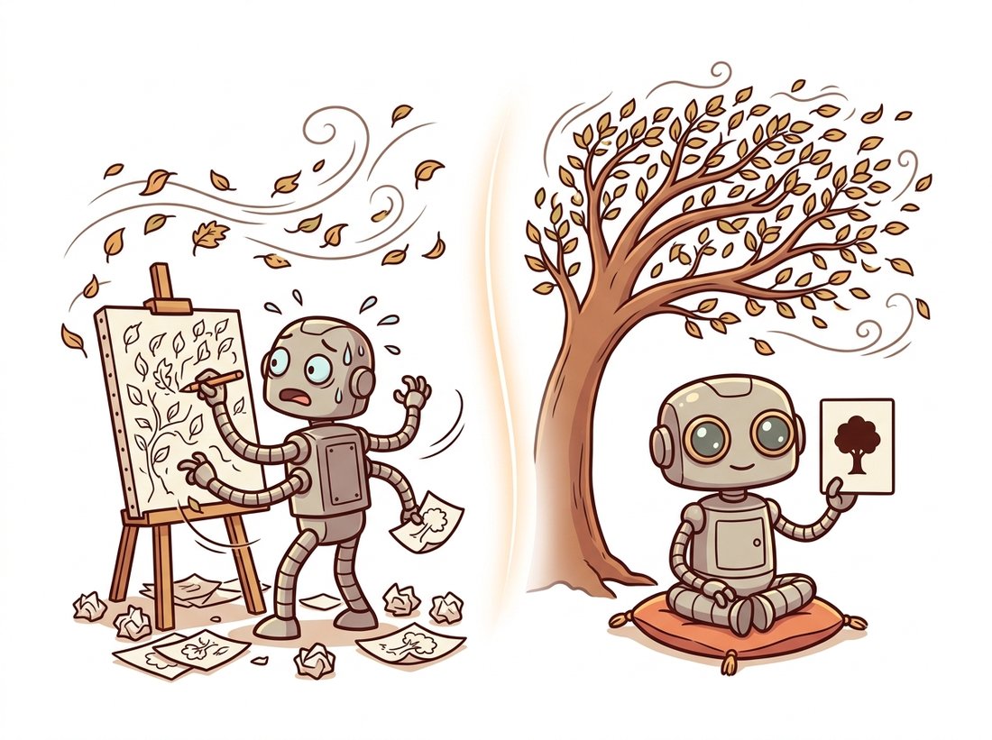 On the left a frantic many-armed robot exhausts itself trying to draw every swirling leaf of a windy tree onto a cluttered canvas and fails. On the right a calm robot serenely holds a card with a simple tree silhouette, predicting only that the tree will still be a tree. The contrast illustrates JEPA predicting abstract structure in representation space instead of wasting capacity rendering unpredictable pixel detail.