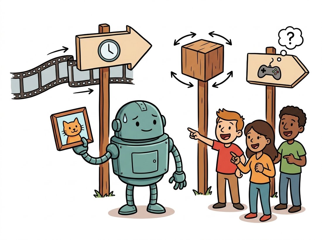 A friendly cartoon robot artist holds up a single framed picture of a cat while three clients demand it also satisfy three new axes: a row of film frames over a clock for time, a cube with arrows around every side for depth, and a game controller with a thought bubble for agency. The robot looks slightly overwhelmed, capturing how generation grows from one still image to video, 3D, and interactive world models.