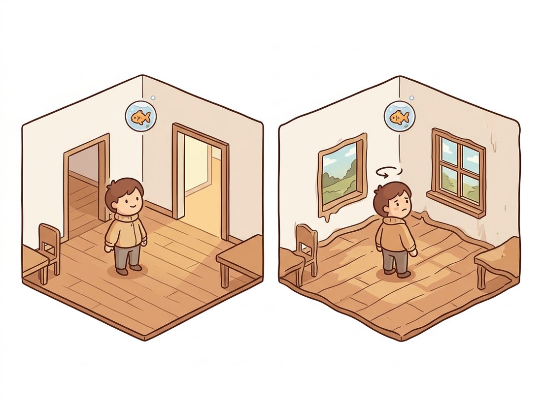 A two-panel cartoon: a player in a generated room first faces a crisp doorway, then after a turn-around arrow looks back to find the same spot has quietly become a window while the room edges go slightly melty. A small goldfish-in-a-bubble icon floats nearby as a memory pun. The scene depicts drift and lost object permanence in an autoregressive world simulator that rebuilds the scene from only its recent frames.