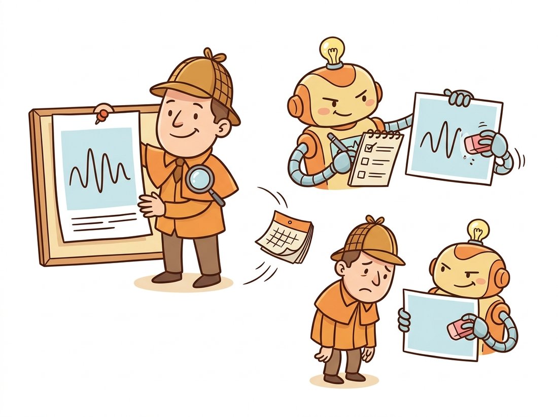 A cartoon detector character proudly pins up a poster of the telltale spectral fingerprint it learned to catch, while a sly generator robot peeks over its shoulder, copies that exact pattern onto a checklist, and erases it from its next clean output as a calendar leaf flutters past, illustrating why deepfake detection loses the arms race when every published artifact becomes a loss term the next generator removes.