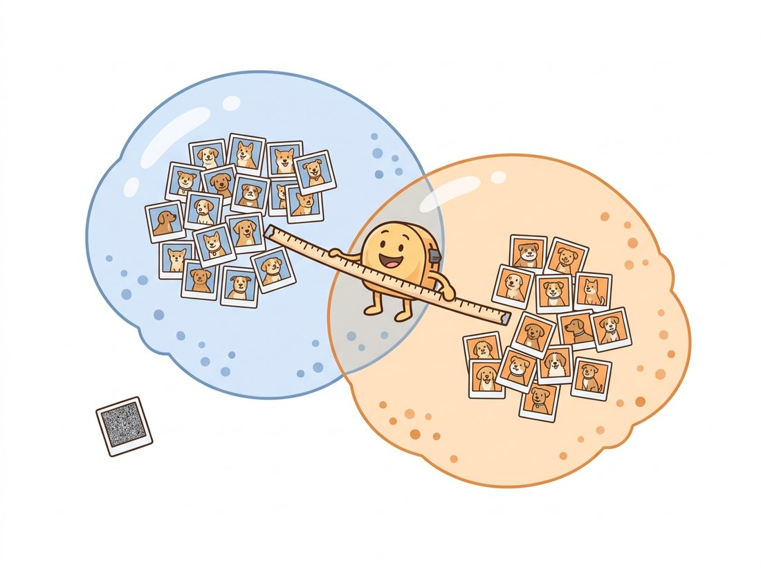Two overlapping clouds of floating dots, one soft blue for real images and one warm orange for generated images, with a cartoon character stretching a tape measure across the gap between their centers while dog-photo thumbnails cluster inside both clouds and a lone TV-static thumbnail drifts far away, picturing how FID and KID score a generator by the distance between whole feature distributions rather than per-image error.