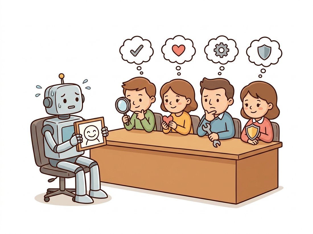 A cartoon generative-AI robot in a performance-review chair proudly shows a generated face to four evaluator characters holding a magnifying glass, a heart, a wrench, and a shield, each judging a separate question while four wordless symbol clouds float above, dramatizing the chapter's four audits of a shippable generator: good, real, useful, and safe.