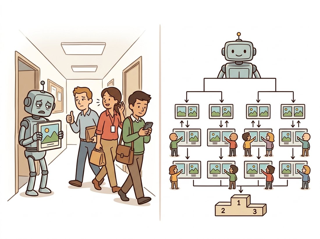 A split cartoon: on the left a robot gets a careless hallway thumbs-up from three distracted lunch-bound colleagues, on the right the same robot watches an orderly preference study where many raters each choose between two paired images and the votes feed a three-step ranking podium, contrasting an underpowered casual judgment with a statistically sound two-alternative forced-choice study.