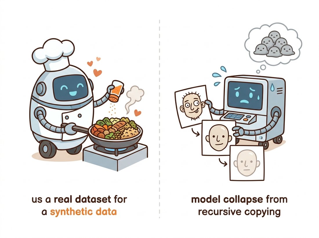 A two-scene cartoon: on the left a chef robot seasons a real meal with a shaker of orange synthetic salt, on the right a photocopier robot copies a face, then the copy, then the copy of the copy, each one blander and more identical as the rare details fade, illustrating that synthetic data helps as a supplement to real data but recursively training on its own output causes model collapse.