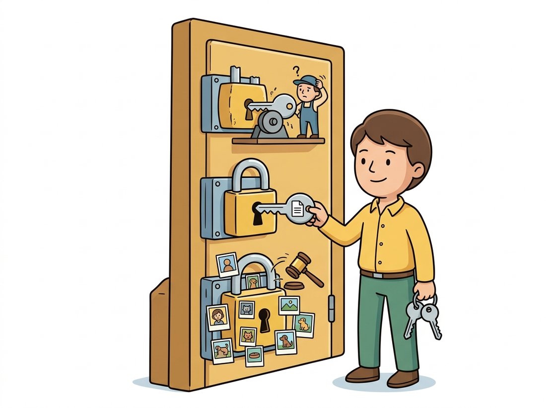 A cartoon engineer faces a door with three stacked locks: a large bottom lock for training data ringed by photo thumbnails and a tiny gavel marking it the most litigated, a middle lock for model weights being opened with a document-shaped key, and a top lock for generated outputs whose key is still half-finished on a locksmith's cutting wheel, picturing the three-layer legal stack where two layers are resolvable today and output ownership remains unsettled.