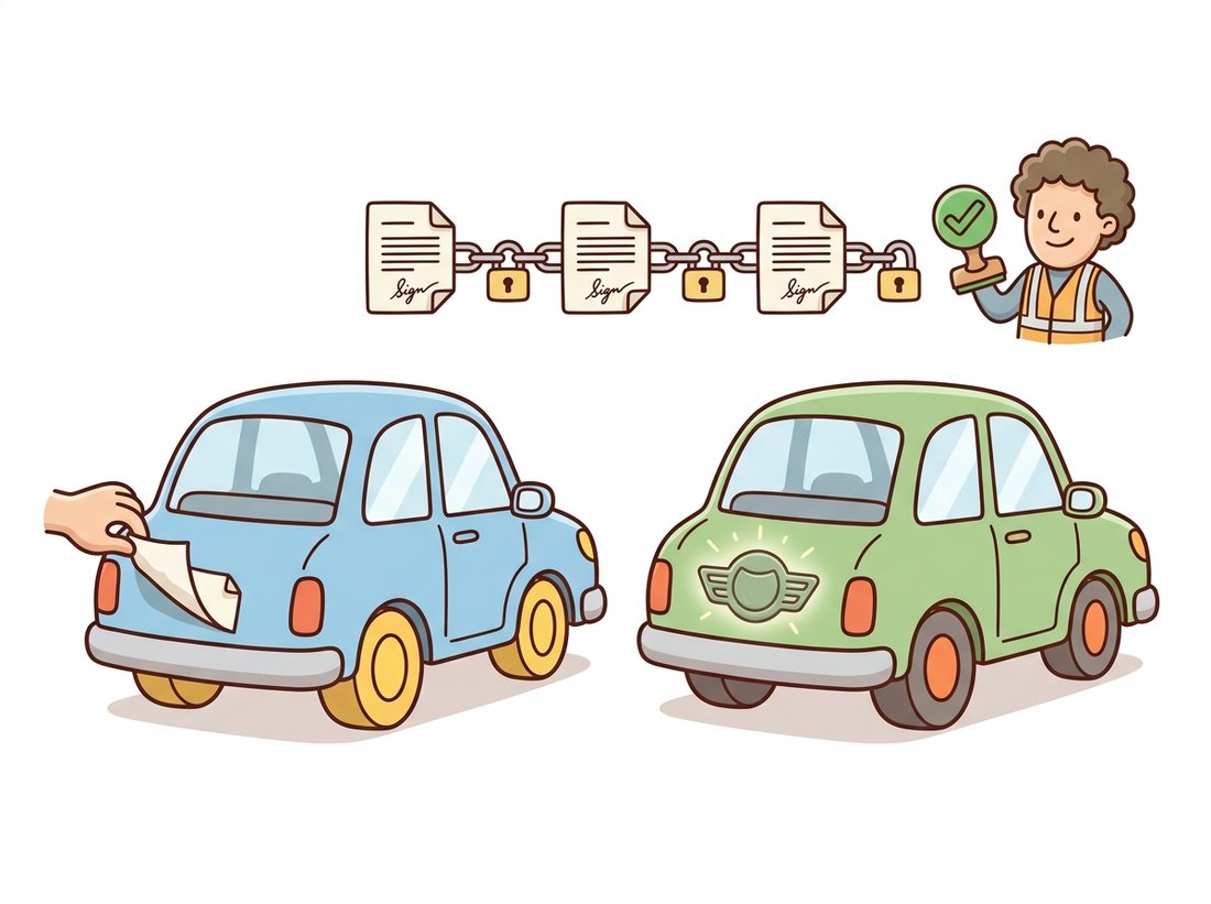 Two cartoon cars compare a peeling paper bumper sticker being lifted away against an identifying mark stamped deep into the chassis and glowing from within, while above them a chain of three padlock-linked signed-document cards for capture, edit, and publish leads to an inspector with a checkmark stamp, contrasting a removable post-hoc watermark with an in-generation watermark and a tamper-evident C2PA provenance manifest.