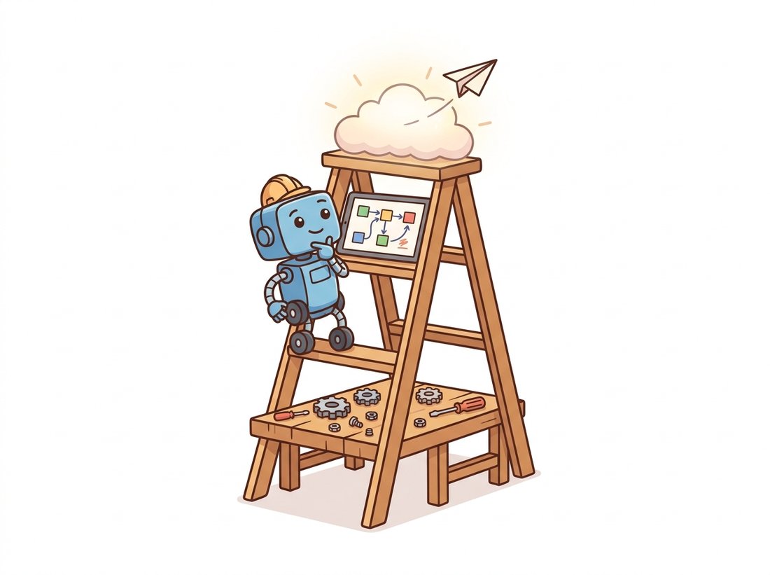 A friendly robot climbing a three-rung ladder: the bottom rung is a workbench of gears and parts, the middle rung is a canvas of wired-together boxes, and the top rung is a small cloud sending out a paper-plane arrow, illustrating the Code, Canvas, Call altitudes of the generative vision stack and the choice of where to stop.