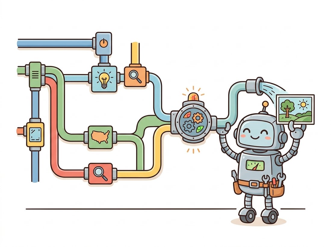A cheerful plumber robot wiring colorful branching pipes and junction boxes on a wall, where a checkpoint box, an outline-map branch, and an upscale box all merge into a central mixing box that emits a finished picture, depicting a modern generation pipeline as a visible branching directed graph rather than a straight line.