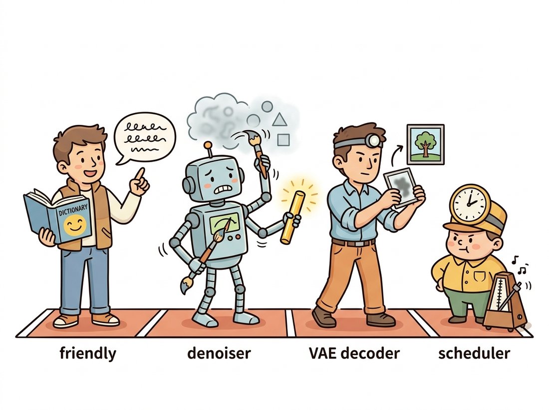 Four distinct cartoon worker characters in a relay, passing a glowing baton: a speech-bubble encoder, a brush-wielding denoiser turning fog into shapes, a decoder sharpening a blurry picture, and a metronome-holding scheduler setting the pace, depicting a diffusion pipeline as a society of separate, swappable components.