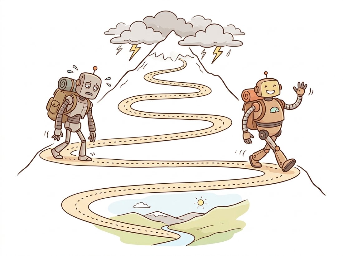 Two hiker robots descending the identical fixed mountain trail from a noisy peak to a clear valley, one taking many tiny tired steps and the other a few confident strides to the same destination, showing that swapping a scheduler changes how finely you walk the same trajectory, not the trained model itself.