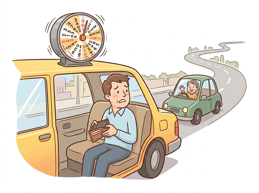 A worried passenger stuck in a taxi whose fare meter has ballooned over a long road, while a relaxed neighbor drives past in their own modest car, illustrating the build-versus-buy failure mode where a hosted per-image API is cheap for occasional use but ruinous once steady high volume passes the crossover point where self-hosting wins.
