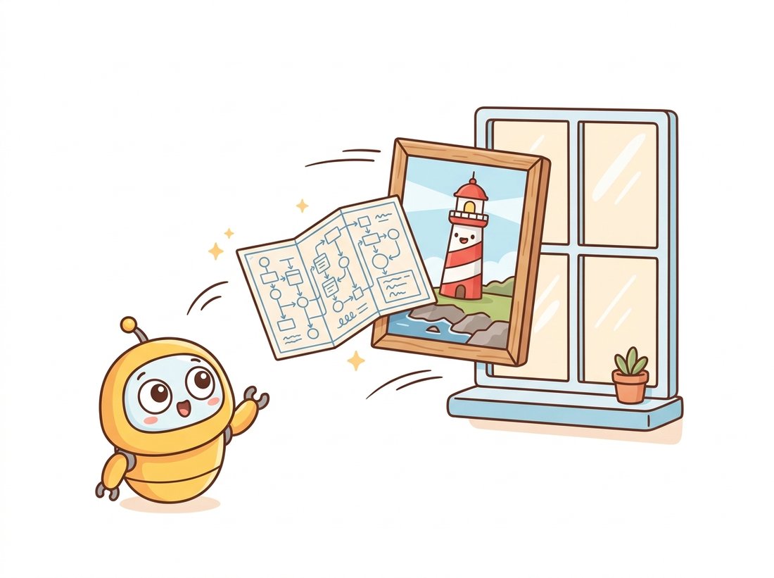 A framed lighthouse picture dragged onto a window unfolds a hidden blueprint-style node graph of connected boxes and wires from behind it, while a delighted robot watches, illustrating how ComfyUI bakes the full reproducible workflow into the metadata of every saved PNG so the image carries its own recipe.
